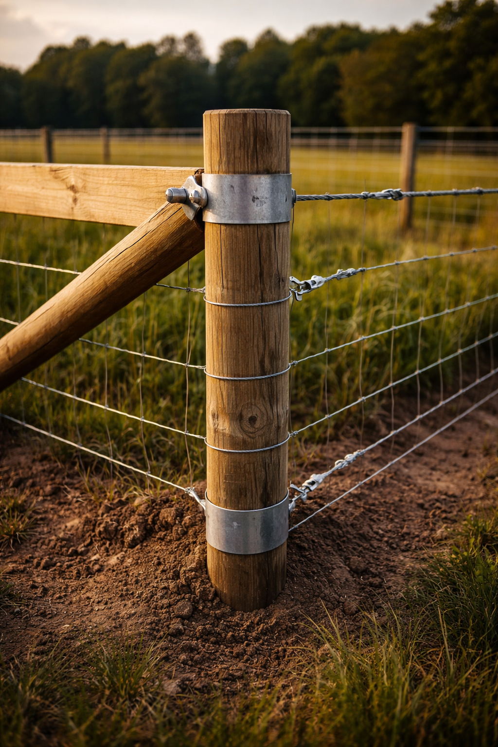 Timber post, bracing, and wire fence detail